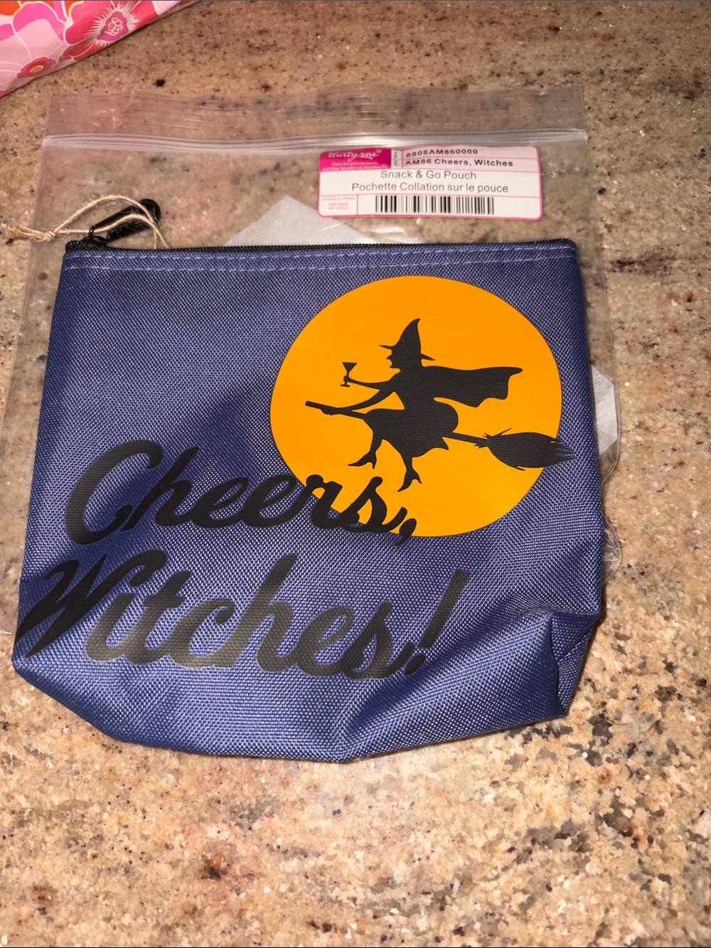 thirty-one navy Halloween 'Cheers, Witches!' pouch with orange moon